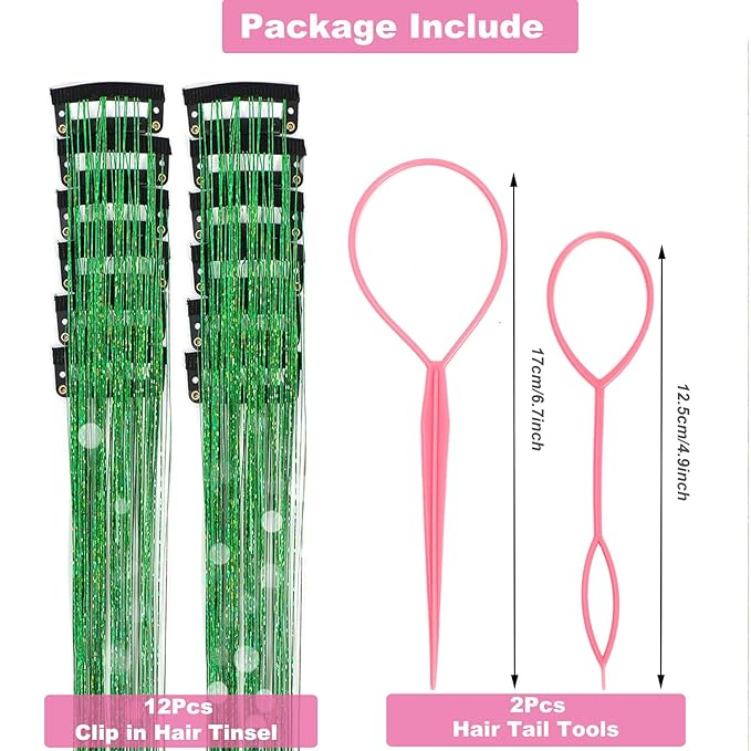 12Pcs Hair Tinsel Clip in Glitter Tinsel Hair Extensions 19.6Inch Clip in Hair Tinsel Kit Heat Resistant Shiny Sparkly Fairy Hair Accessories for Women Girls Kids (Green)