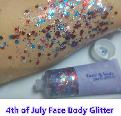 Go Ho Red White and Blue Body Glitter,USA Flag Pride Face Glitter,4th of July Outfits for Women Reflective Glitters Makeup,Holographic Long Lasting Chunky Sequins,Fourth of July Accessories