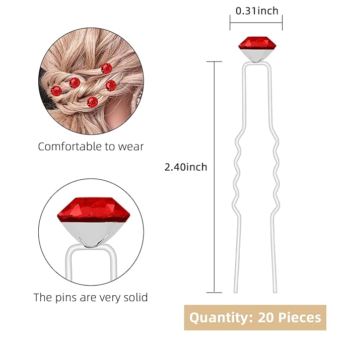 20 Pack (Red) Rhinestone Hair Pins Crystal Hair Clips for Bridal Wedding Women Hair Jewelry Accessories, with Clear Container