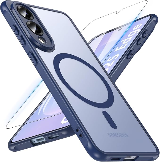 OWKEY for Samsung Galaxy S25 Edge Case 6.65'',Magnetic S25 Edge Case for Magsafe with Tempered Glass Screen, [Shockproof Military] Translucent Back Slim Bumper Cover Phone Case Galaxy s25 Edge,Blue