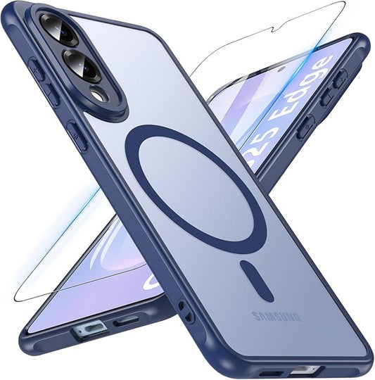 OWKEY for Samsung Galaxy S25 Edge Case 6.65'',Magnetic S25 Edge Case for Magsafe with Tempered Glass Screen, [Shockproof Military] Translucent Back Slim Bumper Cover Phone Case Galaxy s25 Edge,Blue