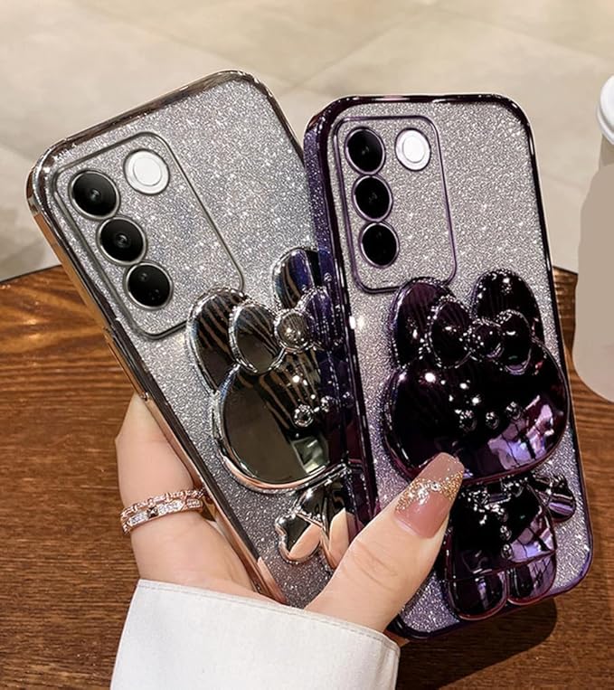 for Samsung Galaxy A16 5G Case for Women Cute Hidden Rabbit Bunny Mirror Stand,Plating Girly Glitter Gradient Layer Crystal Clear Soft Silicone Shockproof Phone Case for Samsung A16 5G Pink