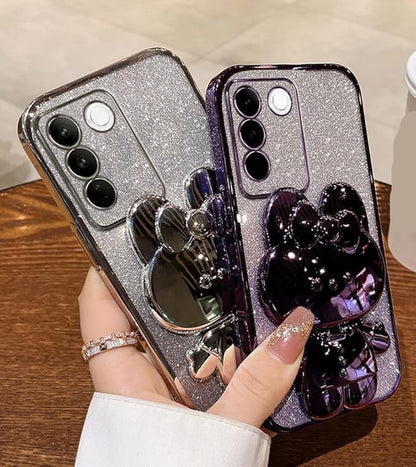 for Samsung Galaxy A16 5G Case for Women Cute Hidden Rabbit Bunny Mirror Stand,Plating Girly Glitter Gradient Layer Crystal Clear Soft Silicone Shockproof Phone Case for Samsung A16 5G Pink