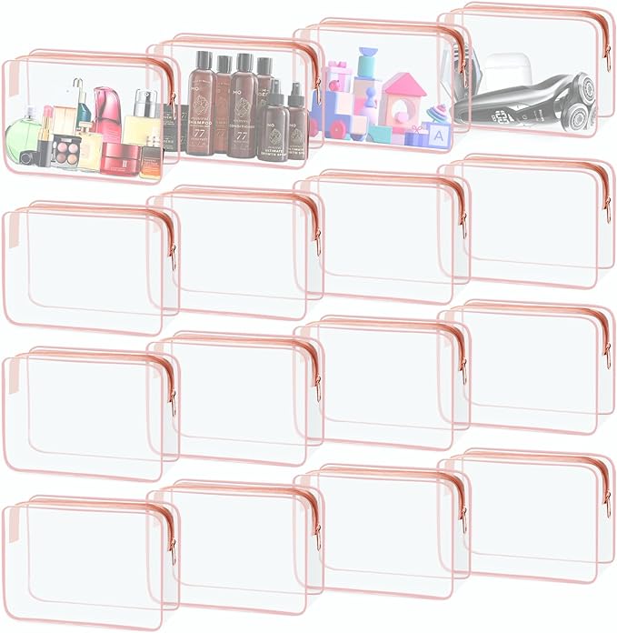 16 Piece Clear Cosmetic Bags, Large Makeup Bags, TSA Approved Toiletry Bag for Travel, PVC Waterproof Pouch with Zipper Make Up Bag for Women and Men Traveling (Pink-L)