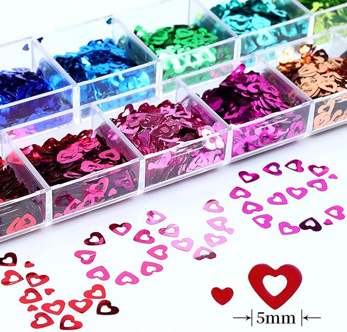 12 Colors Heart Nail Art Glitter Sequins, 3D Love Heart Nail Flakes Designs, Holographic Laser Big Small Hearts Nail Art Supplies for Women Girls Manicure Sparkle Decorations, DIY Body Makeup Crafts
