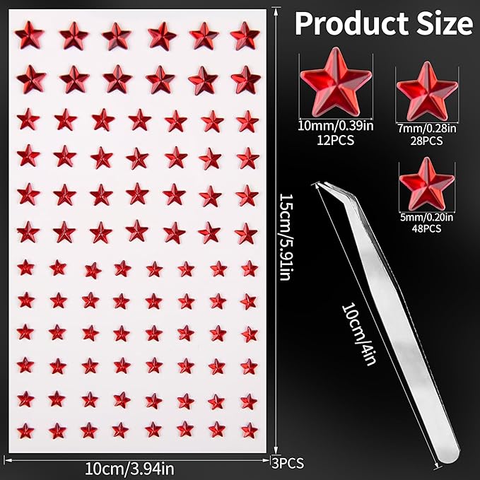 264Pcs Star Face Gems Eye Gems, Self-Adhesive Face Jewels Rhinestones 5/7/10 mm DIY Face Gems Stick on, Patriotic Makeup Gems Rave Accessories for Face Eyes Hair Makeup Body, Crafts (red-Star)