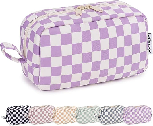Narwey Checkered Makeup Bag Travel Cosmetic Bag Organizer Small Toiletry Bag Make Up Bags with Organized Pockets for Women (Purple Checkerboard, Large)