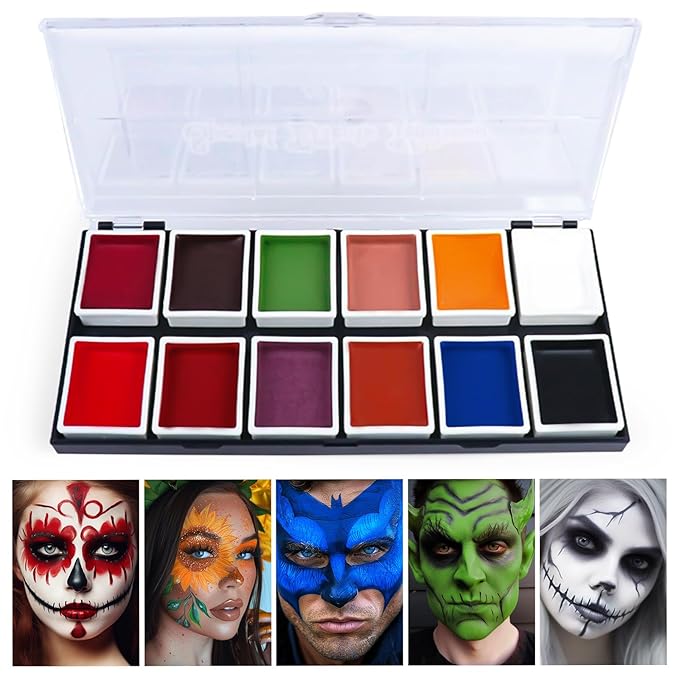 12 Colors Alcohol Activated SFX Makeup Paint Palette, Professional Waterproof Sweatproof Face and Body Paint,Long Lasting Special Effect Makeup Use for Cosplay, Theatre, Film