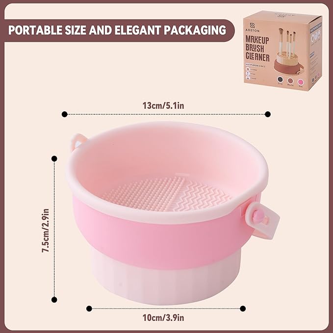 ADETON Makeup Brush Cleaner Mat, Pink 3 in 1 Silicone Make Up Brushes and Tools Cleaning Bowl, Pad, Drying Rack, Organizer Storage Holder, Cosmetic Brushes and Sponge Cleansing (C - PINK)