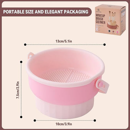 ADETON Makeup Brush Cleaner Mat, Pink 3 in 1 Silicone Make Up Brushes and Tools Cleaning Bowl, Pad, Drying Rack, Organizer Storage Holder, Cosmetic Brushes and Sponge Cleansing (C - PINK)