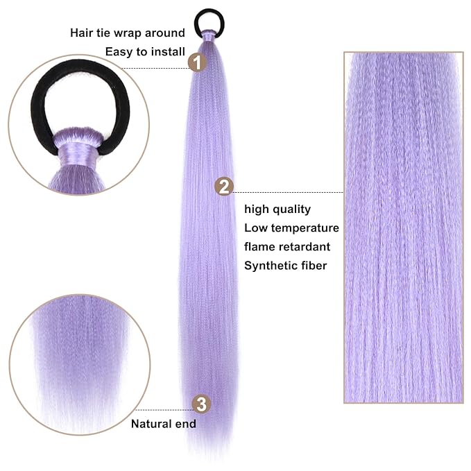 2 Pack Purple Ponytail Extension with Elastic Tie Straight Sleek Wrap Around Braid Ponytail Light Purple 26 Inch (Light Purple#)