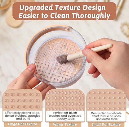 3 in 1 Makeup Brush Cleaner Bowl and Dryer, Silicone Simply Makeup Brush Cleaner Mat, Waterproof Makeup Brush Holder with Lid, Cosmetic Tools Organizer (Khaki)