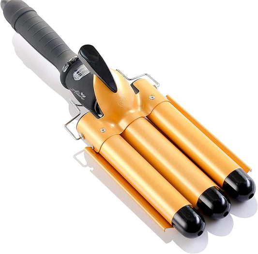 Alure Three Barrel Curling Iron Wand Hair Waver with LCD Temperature Display - 1 Inch Ceramic Tourmaline Triple Barrels, Dual Voltage Crimp (zGold)