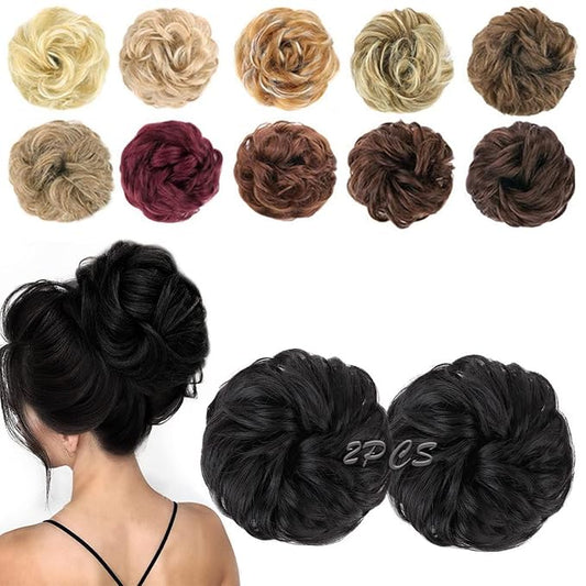 MORICA 2PCS Messy Bun Hair Piece, Fake Bun Scrunchies For Thin, Curly Wavy Synthetic Chignon Ponytail Hair Pieces for Women (1B)