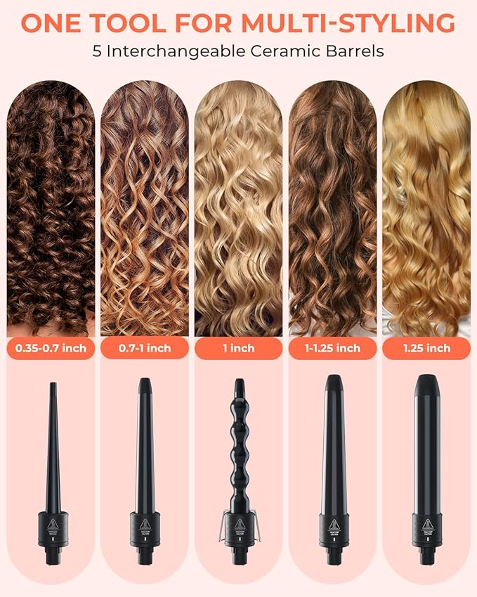 5 in 1 Curling Wand Set: Ohuhu Curling Iron Wand 5Pcs 0.35 to 1.25 Inch Interchangeable Ceramic Barrel Heat Protective Glove 2 Clips Dual Voltage Hair Curler for Girls Women Mother's Day Gift Black