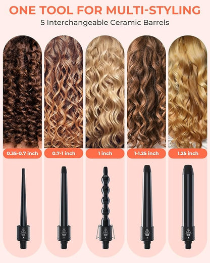 5 in 1 Curling Wand Set: Ohuhu Curling Iron Wand 5Pcs 0.35 to 1.25 Inch Interchangeable Ceramic Barrel Heat Protective Glove 2 Clips Dual Voltage Hair Curler for Girls Women Mother Gift Black