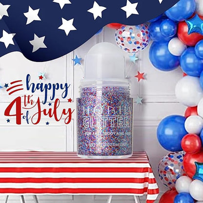 Red White and Blue Roll-on Body Glitter Gel, 4th of July Accessories Holographic Face Glitter Gel, Fourth of July Costume Makeup for Independence Day President's Day Patriotic Veterans Day