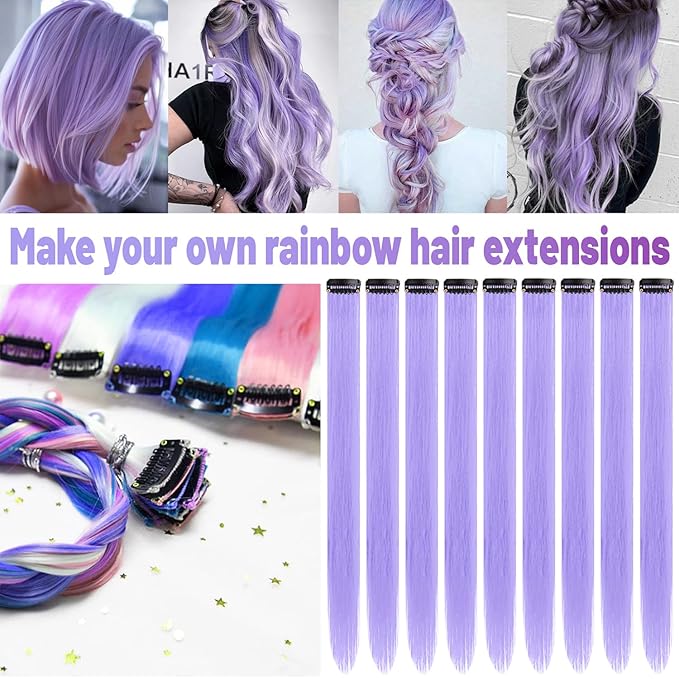 22 inch Colored Hair Extensions, Multi-colors Party Highlights Clip in Synthetic Hair Extensions, Color Party Highlights Hairpieces for Girls Women(10 PCS Light Purple)