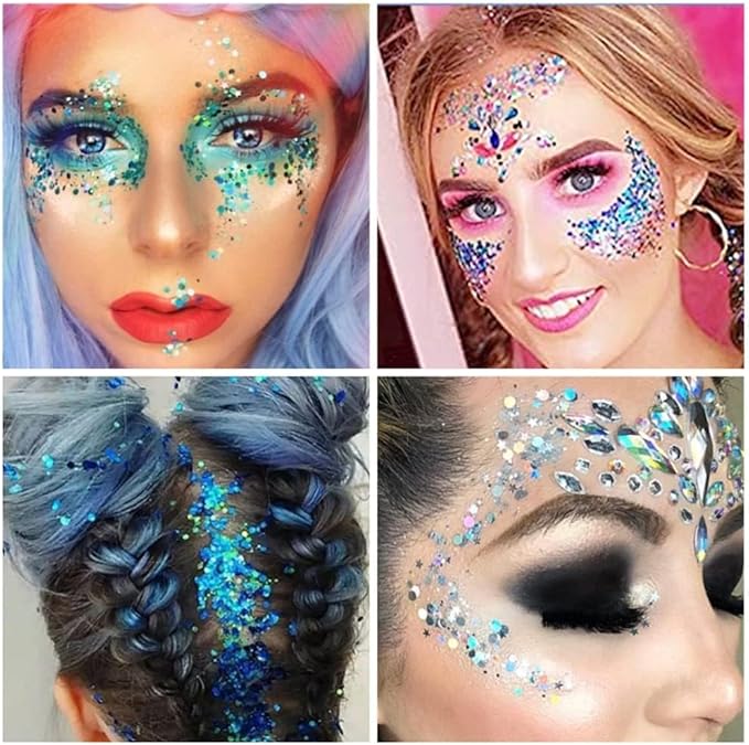 Go Ho Red and Blue Body Glitter Set,Singer Concerts Face Glitter Gel Makeup,Holographic Long Lasting Chunky Sequins Glitters for Eye Lip Hair Nails,Festival Rave Accessories,Blue&Red