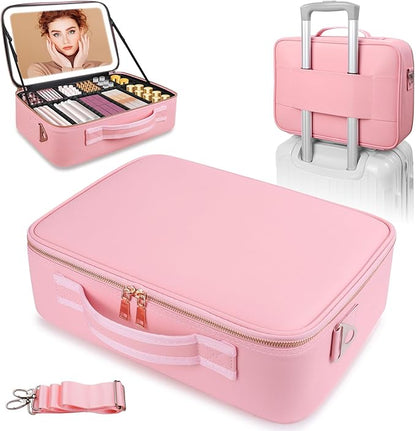 15"×11" Large Pink Makeup Bag with Mirror, Personal Item Travel Bag with Makeup Mirror 3 Lights, Waterproof Train Case with Mirror and Adjustable Dividers,Professional Lighted Makeup Case