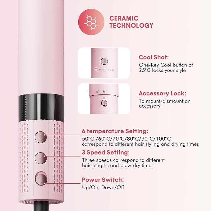 6-in-1 High-Speed Hair Dryer Brush Blow Dryer 110,000 RPM with Interchangeable Heads, Hair Styling Tools for Styling No Heat Damage, Magic Air Wrap Hair Styler, Blowout Thermal Brush Set, Pink