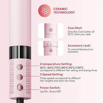 6-in-1 High-Speed Hair Dryer Brush Blow Dryer 110,000 RPM with Interchangeable Heads, Hair Styling Tools for Styling No Heat Damage, Magic Air Wrap Hair Styler, Blowout Thermal Brush Set, Pink