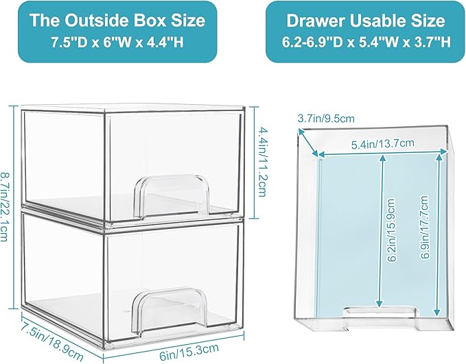 Vtopmart 6 Pack Clear Stackable Storage Drawers, 4.4'' Tall Acrylic Bathroom Makeup Organizer,Plastic Storage Bins For Vanity, Undersink, Kitchen Cabinets, Pantry, Home Organization and Storage