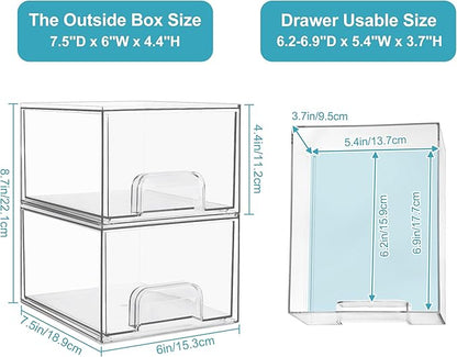 Vtopmart 4 Pack Clear Stackable Storage Drawers, 4.4'' Tall Acrylic Bathroom Makeup Organizer,Plastic Storage Bins For Vanity, Undersink, Kitchen Cabinets, Pantry, Home Organization