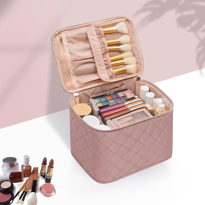OCHEAL Pink Makeup Bag,Travel Large Capacity Cosmetic Bags For Women Large Travel Toiletry Bag Girls Traveling With Brush Slot And Divider-Nude Pink