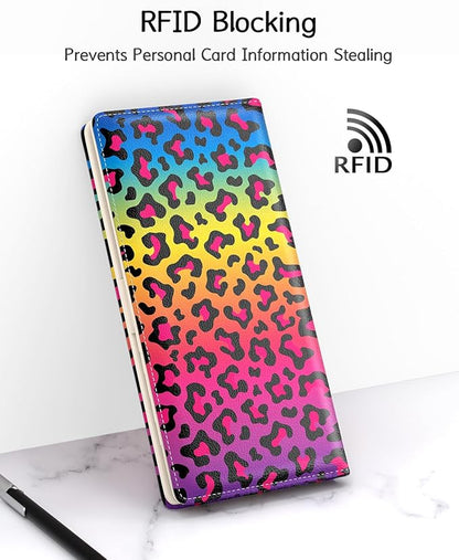 Nipichsha Womens Wallet, RFID Slim Wallets for Women, Thin Ladies Credit Card Holder Purse, Cute Leather Bifold Clutch Billfold with 11 Card Slots & ID Window, Colorful Leopard Print
