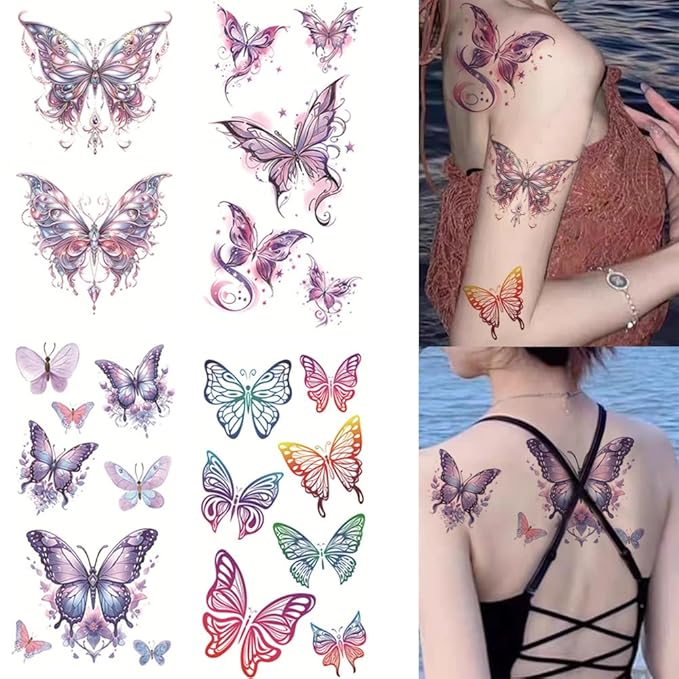 8 Sheets Butterfly Temporary Tattoos Colorful 3D Butterfly Flower Tattoos Butterfly Face Tattoos Waterproof Butterfly Stickers for Women Girls Face Eye Body Decoration Makeup Supplies