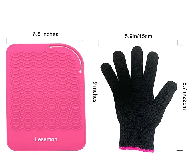 Flat Iron Travel Mat, Curling Iron Counter Protector with Heat Resistant Glove for Curling Irons, Hair Straightener, Flat Irons and Hair Styling Tools, 9” x 6.5”, Pink by Lessmon