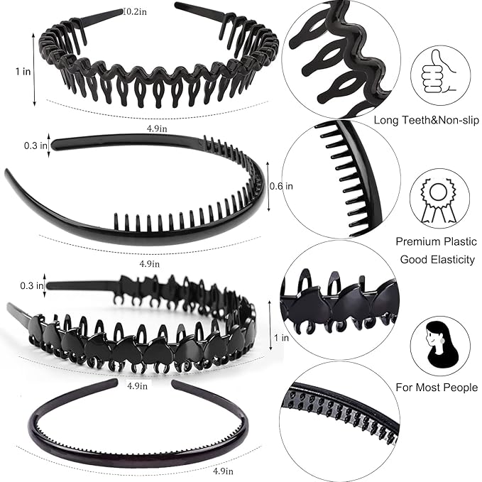 8 PCS Fashion Effortless Plastic Headbands with Teeth Comb Black Skinny Headbands No Slip Hair Accessories Bands for Women Men Teen Girls, Bright Black