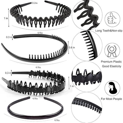 8 PCS Fashion Effortless Plastic Headbands with Teeth Comb Black Skinny Headbands No Slip Hair Accessories Bands for Women Men Teen Girls, Bright Black