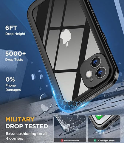 Design for iPhone 12 Case Waterproof, Full Body Underwater Dustproof Shockproof Case Built-in Screen Protector (Clear, 12-6.1)