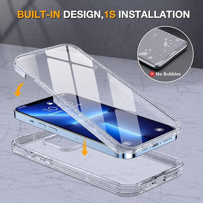 Miracase Glass Case for iPhone 13 Pro Max 6.7 inch, Upgrade Full-Body Clear Bumper Case with Built-in 9H Tempered Glass Screen Protector for iPhone 13 Pro Max, Clear Glitter