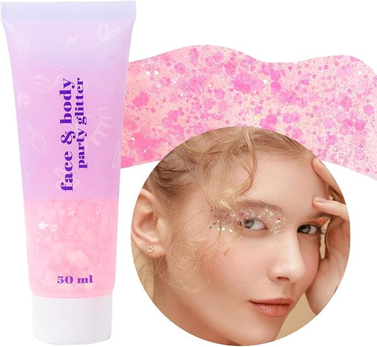 DAGEDA Body Glitter Gel, Face Glitters Body Gel Sequins Shimmer Liquid Eyeshadow, Chunky Glitter for Face Hair Nails, Holographic Cosmetic Laser Powder Festival Glitter Makeup 1.7oz (Light Pink)