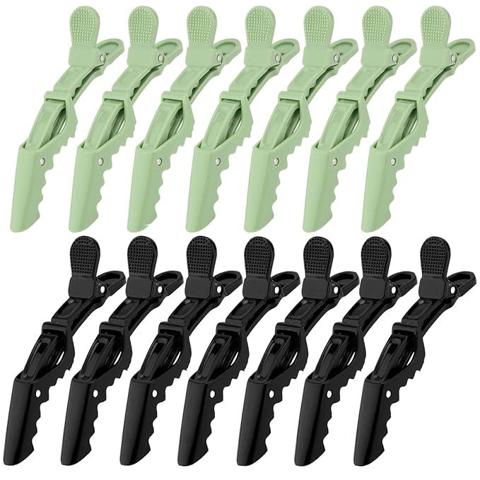 Ondder 14 Pack Alligator Hair Clips for Styling and Sectioning - Larger Salon Pro Barber Clips for Hair Coloring, Cutting, and Styling Accessories for Women, Men, Girls, Teens - Black, Green