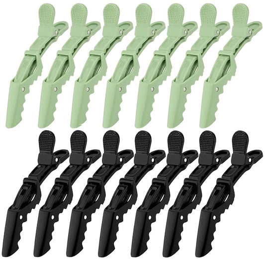 Ondder 14 Pack Alligator Hair Clips for Styling and Sectioning - Larger Salon Pro Barber Clips for Hair Coloring, Cutting, and Styling Accessories for Women, Men, Girls, Teens - Black, Green