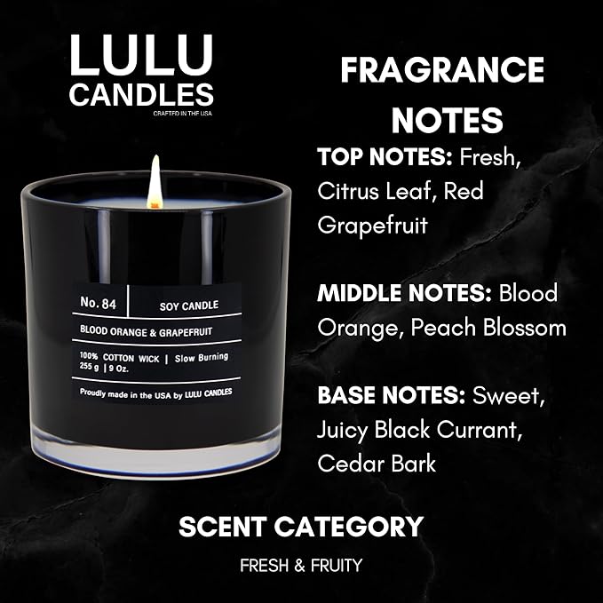 Lulu Candles | Blood Orange & Grapefruit | Luxury Scented Soy Jar Candle | Hand Poured in The USA | Highly Scented Long Lasting (9 Oz.)