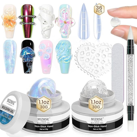 MIZHSE 2PCS Solid Builder Gel for Nails Kit: 30g/1oz Clear & Aurora Hard Gel for Nail with Nail Forms 3D Silicone Mold Soak off U V Builder Extension Gels for Women