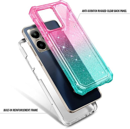 for Cricket Outlast 5G 2024 Case, AT&T Motivate Pro 5G with [Built-in Screen Protector], [9FT Military Grade Drop Tested] Full-Body Protective Shockproof Bumper Case (Glitter Pink/Aqua)