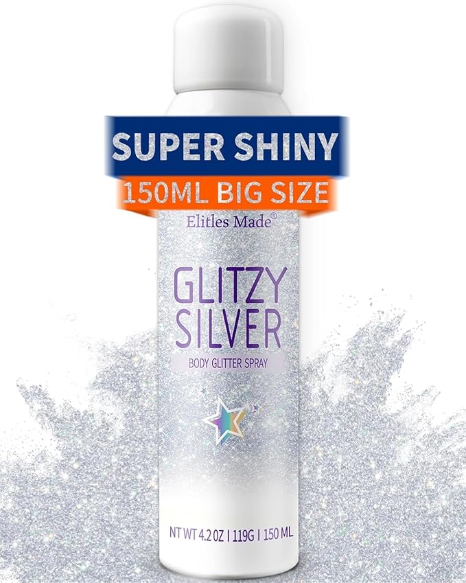 Body Glitte Spray, 150ML Silver Glitter Spray for Hair and Body, Long-Lasting and Quick-Drying Glitter Hairspray for Kids Women, Body Shimmer Festival Rave and Makeup 4.2 Fl Oz