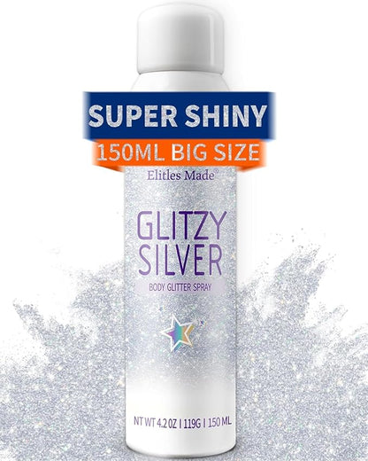Body Glitte Spray, 150ML Silver Glitter Spray for Hair and Body, Long-Lasting and Quick-Drying Glitter Hairspray for Kids Women, Body Shimmer Festival Rave and Makeup 4.2 Fl Oz