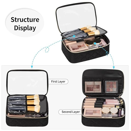 OCHEAL Clear Makeup Bag, Portable Cosmetic Bag Storage Organizer, Travel Makeup Bag Cute Clear Pouch For Women and Girls Cosmetics Bags with Divider Makeup Brush Compartment-Large Black