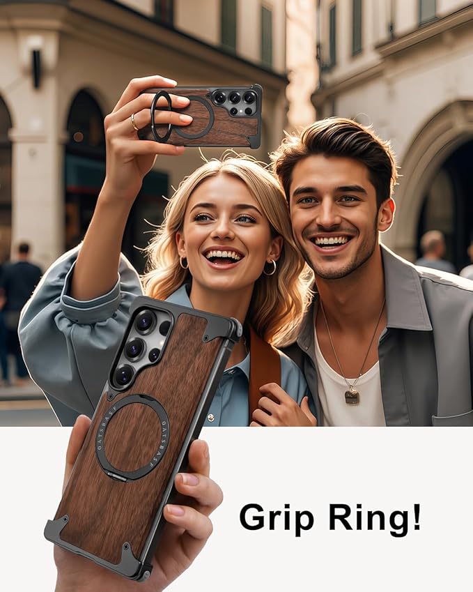 OATSBASF Magnetic Wood Case Compatible with Samsung Galaxy S25 Ultra, [Natural Wood & Aluminum] Shockproof Protective Cover Unique Wooden Case with 360° Ring Stand, Black