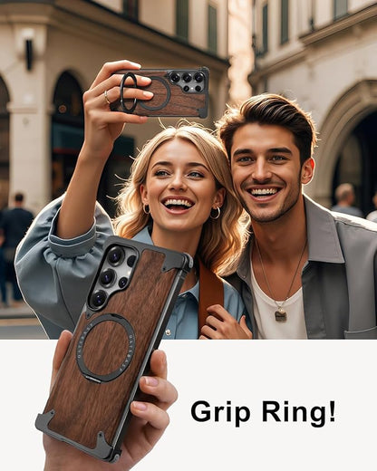 OATSBASF Magnetic Wood Case Compatible with Samsung Galaxy S25 Ultra, [Natural Wood & Aluminum] Shockproof Protective Cover Unique Wooden Case with 360° Ring Stand, Black