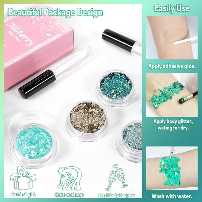 Allstarry Holographic Chunky Body Glitter 4 Colors Cosmetic Face Glitter Eyeshadow Makeup Holographic Mermaid Cosmetic Laser Powder Rave Accessories with Body Glue for Women Makeup Nails DIY Crafts