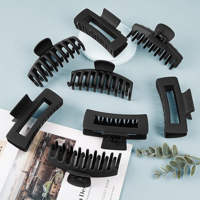 TOCESS 8 Pack Black Big Hair Claw Clips for Women Large Claw Clip for Thin Thick Curly Hair 90's Strong Hold 4.33 Inch Nonslip Matte Jumbo Hair Clips