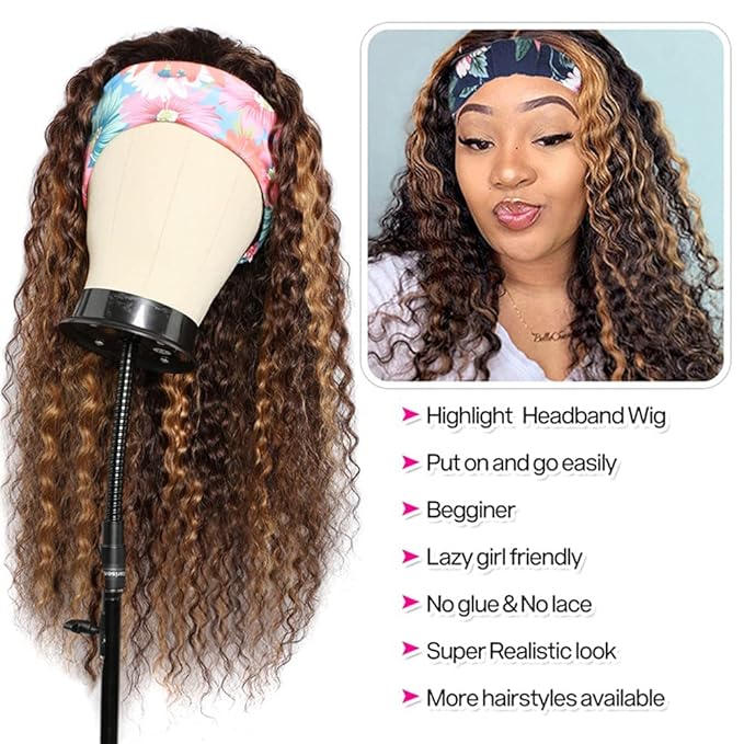 Ombre Wig Honey Blonde Wig 4/27 Highglight Wig Headband Wig Human Hair Deep Wave Headband Wig Curly Wig Colored Wigs 20 Inches